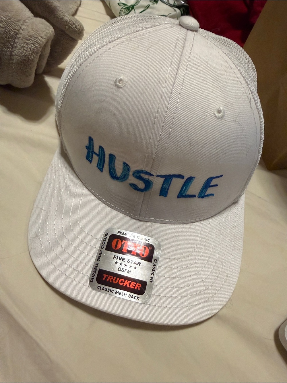 OTTO “HUSTLE” Embroidered Trucker Hat NWT White & Blue Snapback OSFM